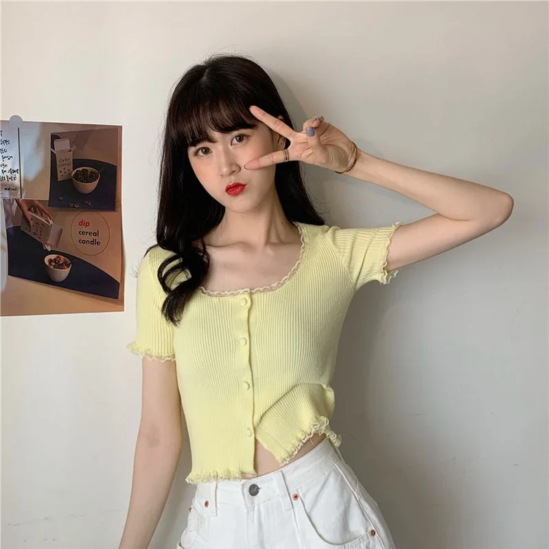 Short Sleeve T-shirts Women Slim Solid Lace O-neck Single Breasted Trendy Chic Sweet Lovely Ulzzang Simple Streetwear Knitted