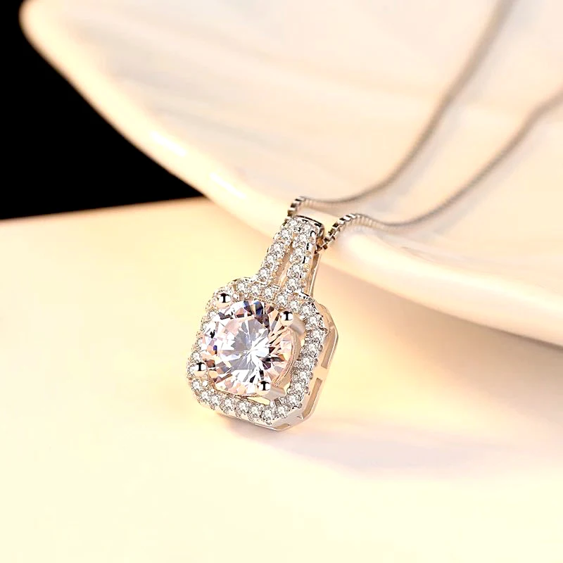New Fashion 925 Sterling Silver AAA Zircon Square Pendant Necklaces Exquisite Crystal Clavicle Neck Chain For Women Jewelry Gift