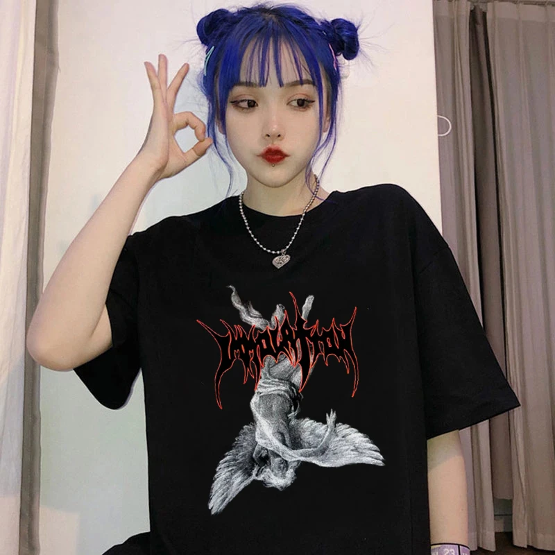 Harajuku Gothic Summer Women T-shirts Hip Hop Kawaii Print Fallen Angel Punk Chic Short Sleeve Tees Tops Y2K T shirts Female