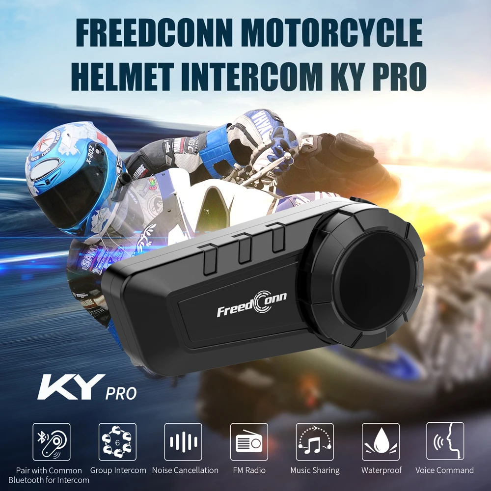 Freedconn KY Pro Motorcycle Intercom Bluetooth Helmet Headset BT 5.0 headphones 6 Riders 1000M Moto Group Waterproof Interphone