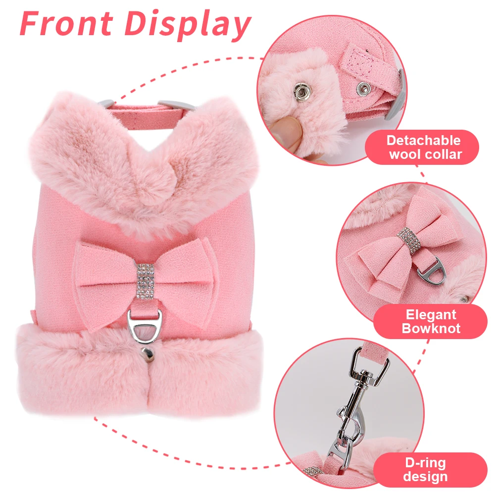 Bowknot Small Dog Cat Harness Leash Set Warm Soft Fur Harness Vest Breathable Puppy Pet Harness Lead For Small Dog Yorkshire Pug