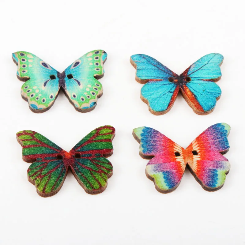 Wooden Mixed Color Butterfly Shape Buttons 2 Holes Handmade Clothing Sewing Scrapbooking Crafts DIY 28x20mm 30pcs