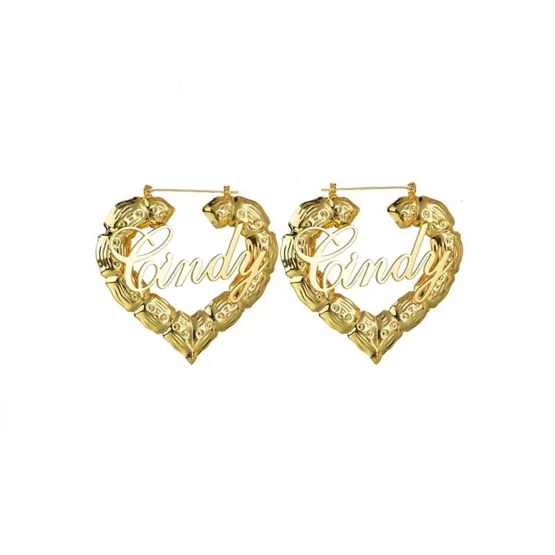 Custom Name Earrings Bamboo Heart Hoop Earrings Love Shape Customized Letter Earrings Heart Shape Bamboo Earring for Girls