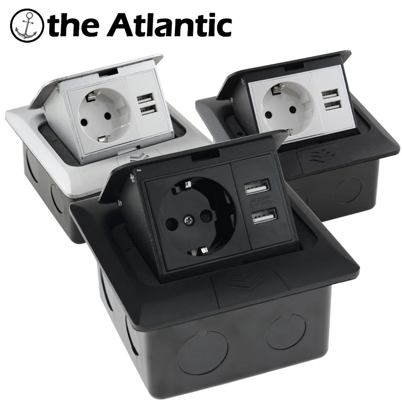 EU DE Fast Pop-Up Floor Socket 16A USB 2-Way Socket Quick Pop-Up Power Outlet Box Aluminum Alloy Silver Black Floor Home Office