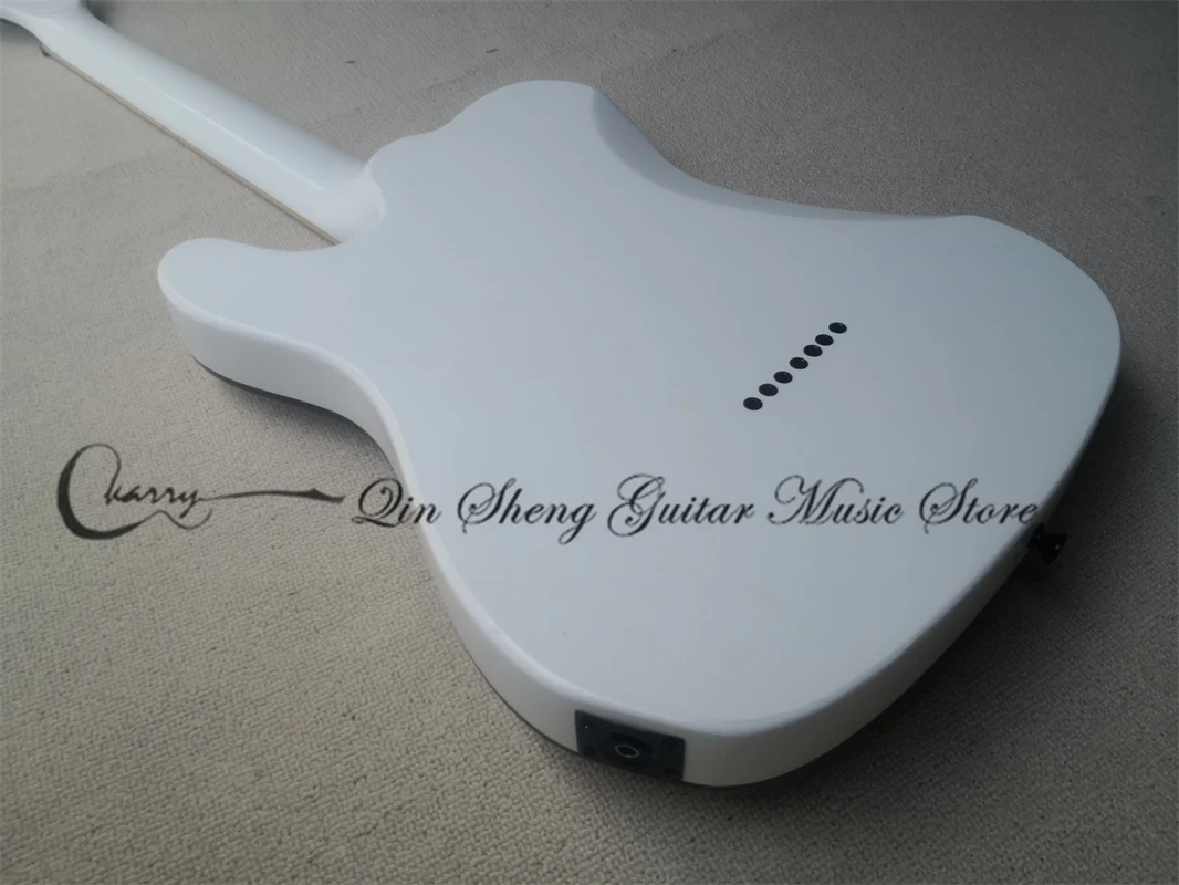 7 strings white guitar, closed pickup, fixed bridge, solid wood body with black binding, maple neck, black tuner, customizable