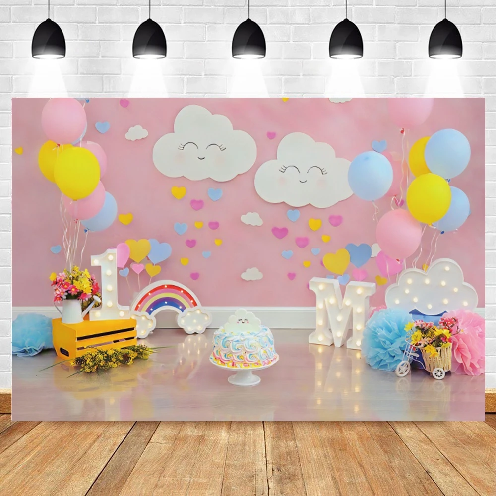 

Yeele 1st Birthday Party Backdrop Baby Photography White Clouds Balloon Cake Pink Background Photocall Photo Studio Photophone