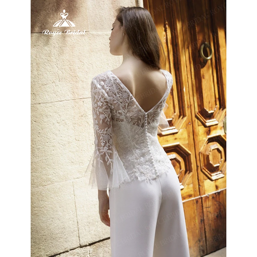 Elegant Wedding Jumpsuit Women 2022 Embroidered Tulle 3/4 Bell Sleeves Pants Sets for Brides White Formal Dresses vestido novia