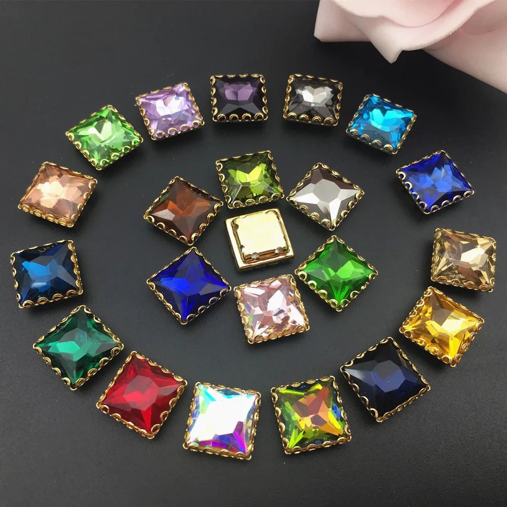 All colors 8mm 10mm 12mm 14mm Square Glass Crystal Lace Claw Rhinestones Golden Base Sew On Stone for Diy/Clothing accessorie