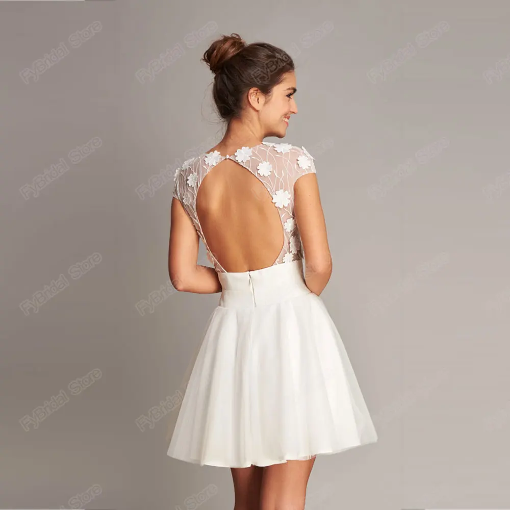 Công Chúa Ngắn Áo Cưới Hoa Lãng Mạn Mini Cổ Tròn Nắp Tay Sexy Hở Lưng Vestidos De Novia Tự Làm Cho phụ Nữ