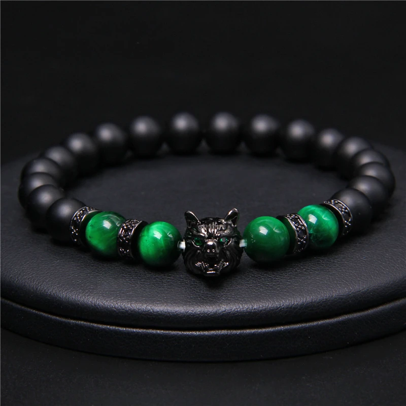 Wolf Charm Bracelets Men Natural Black Lava Stone Bracelets Brave Tiger Eye Bracelets Women Elastic Jewelry 8 mm Beads Pulsera