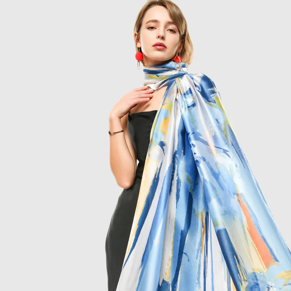 Colorful Silk Large Shawl Women Bright Smooth Beach Sarong Wrap Cover Female Protected Flower Neck Scarf 180*90 cm