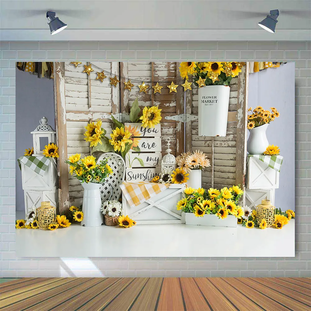 Newborn Sunflower Theme Birthday Portrait Backdrop Flower Market Baby Children Cake Smash Dessert Banner Garden Photo Booth Prop