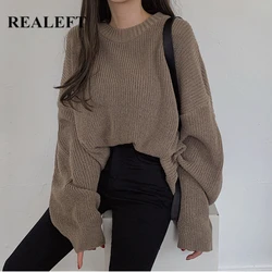 REALEFT 2023 New Autumn Winter Oversized Women's Sweater Korean Elegant Solid Knitted Sweater Warm Female Pullovers Jumper