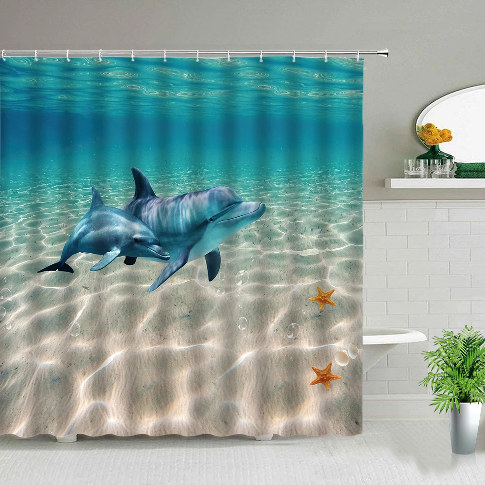 Funny Dolphin Shower Curtains Cute Ocean Animal Blue Seawater Sea Wave Scenery Bathroom Decor Cloth Hanging Curtain With Hooks