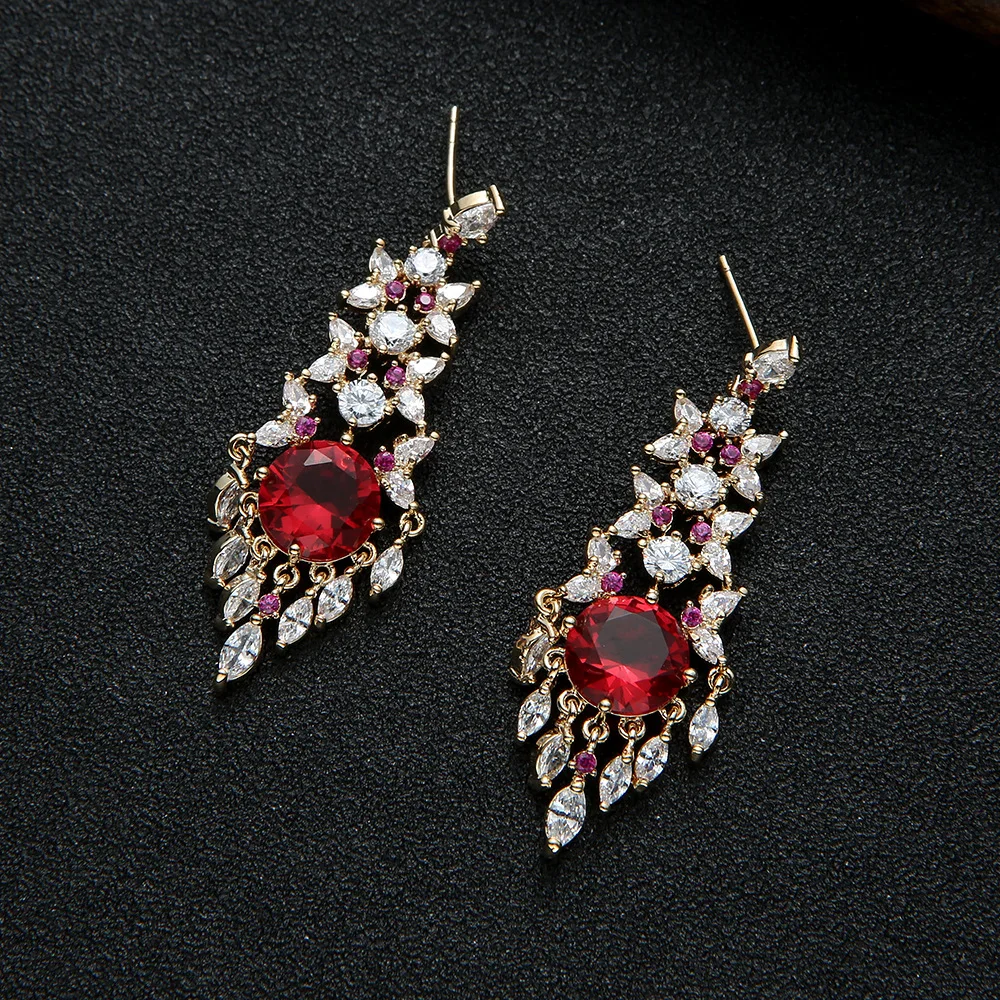 

Luxury Trendy Exquisite Fashion Pendant Drop Earrings Red Stone Jewelry For Women Bridal Party Jewelry Top Level High Quality