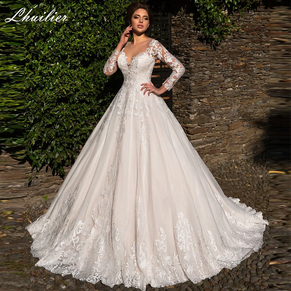 Lhuilier-Vestidos de Novia de encaje con cuello transparente, manga completa, longitud hasta el suelo, ilusión trasera, tren de barrido