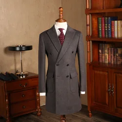 Brown Men Overcoat Long Coat Tweed Wool Blend Suit Jackets Groom Business Blazer Double Breasted Tuxedos Manteau Veste Homme