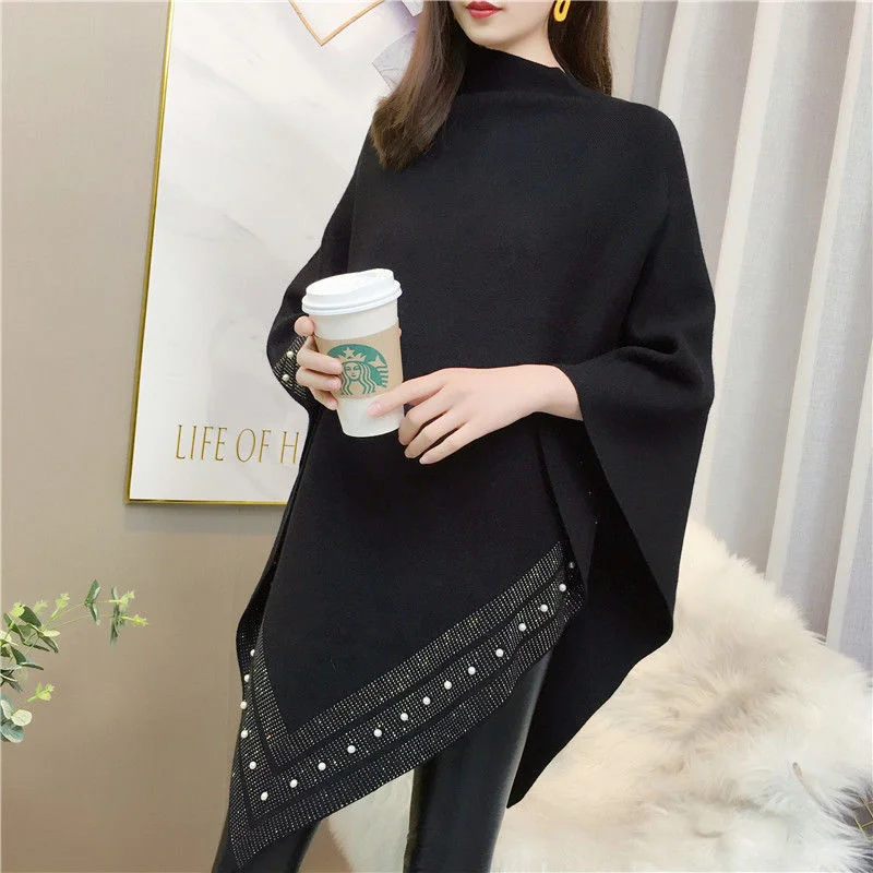 Vintage Cape Knitted Pullover Women Poncho Autumn Winter 2021 Diamonds Shawl Sweater Loose Jersey Red Cloak Pull Femme Femme