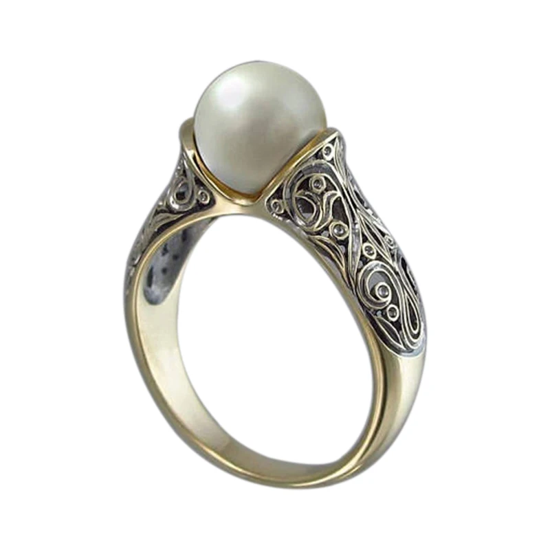 Milangirl Fashion Imitation Pearl Ring Jewelry Elegant Vintage Pattern Wedding Ring for Women Accessories Party Women's Rings