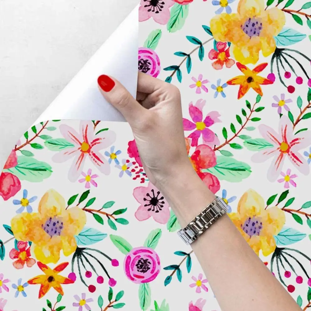 HaoHome Peel and Stick Handpainting Seamless Watercolor Red/Yellow/Purple Flower Green Leaves Self-Adhesive Contact Paper