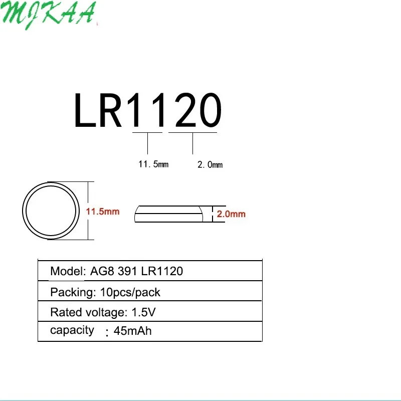 10pcs/pack AG8 LR1120 391 SR1120 Button Batteries 191 LR55 Cell Coin Alkaline Battery 1.55V LR1120W CX191 For Watch Toys Remote