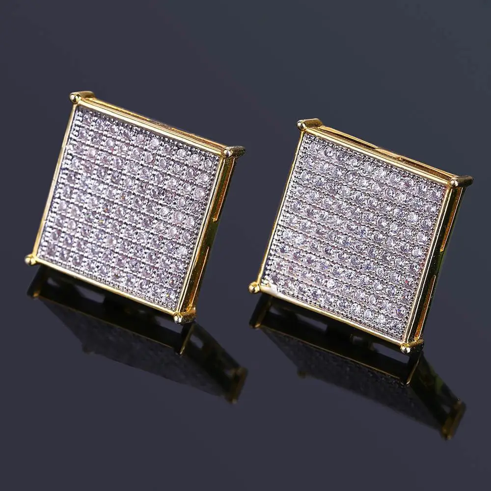 

16mm wide Micro Paved AAA+ Cubic Zirconia Bling Iced Out Gold Color Square Stud Earrings for Men Hip Hop Rappy Jewelry