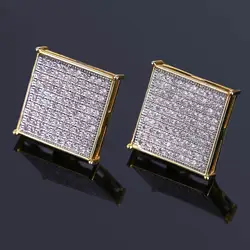 16mm wide Micro Paved AAA+ Cubic Zirconia Bling Iced Out Gold Color Square Stud Earrings for Men Hip Hop Rappy Jewelry