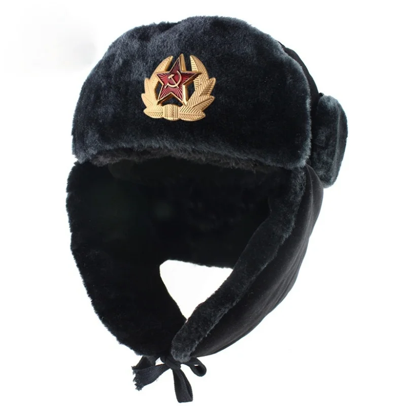 Army Military Badge Ushanka Bomber Hats Pilot Trapper Trooper Hat Winter Faux Fur Earflap Men Snow Hat