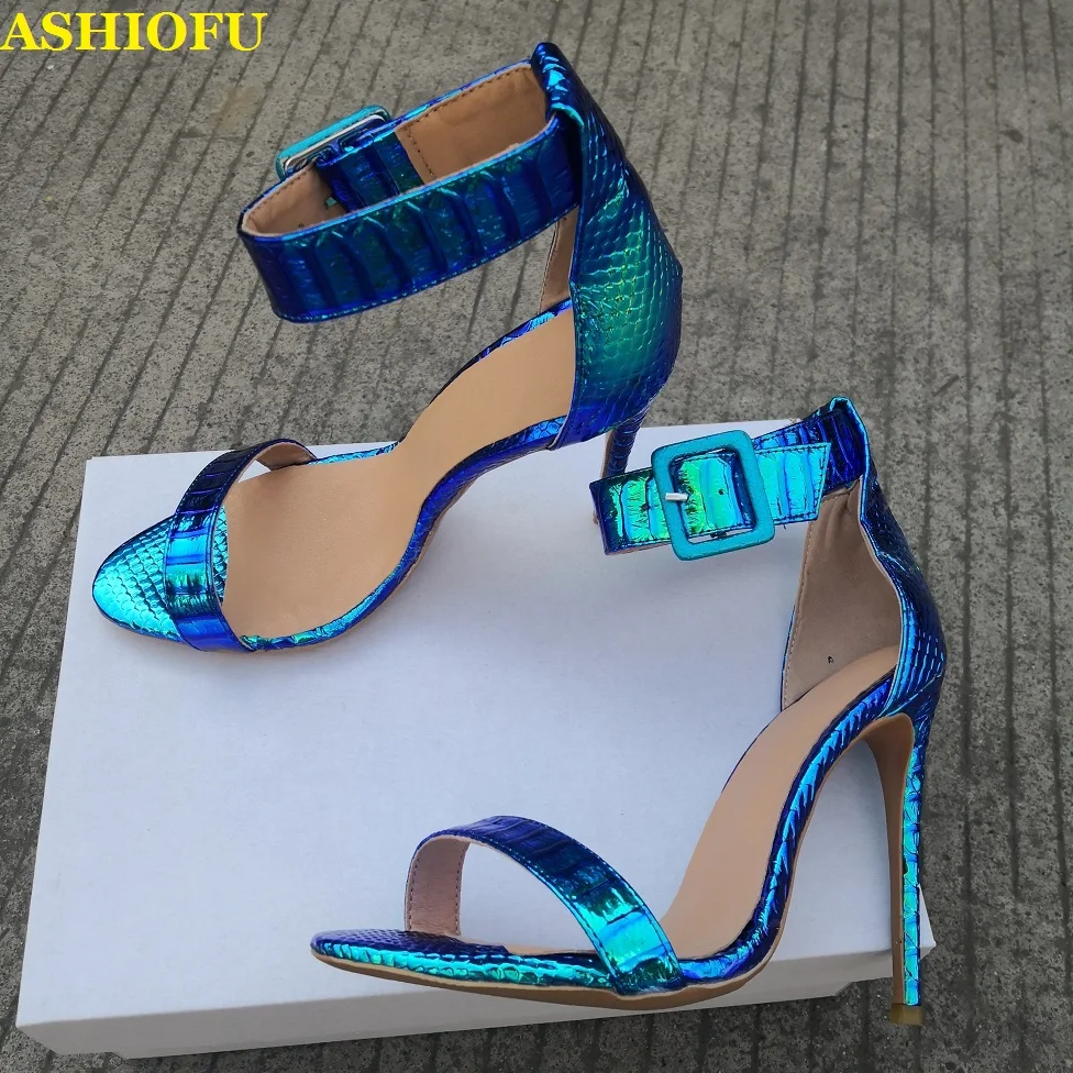 

ASHIOFU Handmade Ladies High Heel Sandals Glowing Leather Summer Sandals Real-photos Party Prom Fashion Sandals Shoes Two-colors