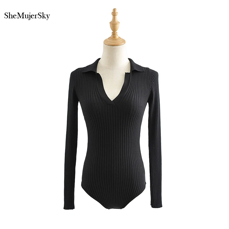 SheMujerSky Knitted Bodysuit Women Autumn Long Sleeve Turn-down Collar Bodysuits 2020 Elastic Jumpsuits