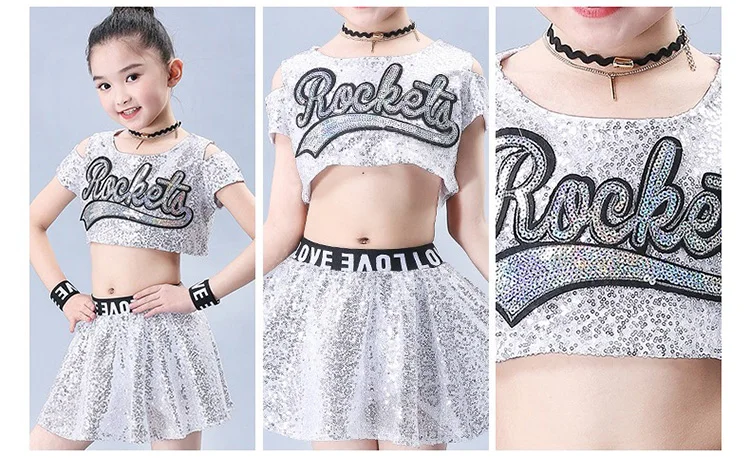 Kids Jazz Dance Costume Hiphop Dresses for Girls Stage Performance Cheerleader Costumes Holographic Sequin Top+Skirt Set