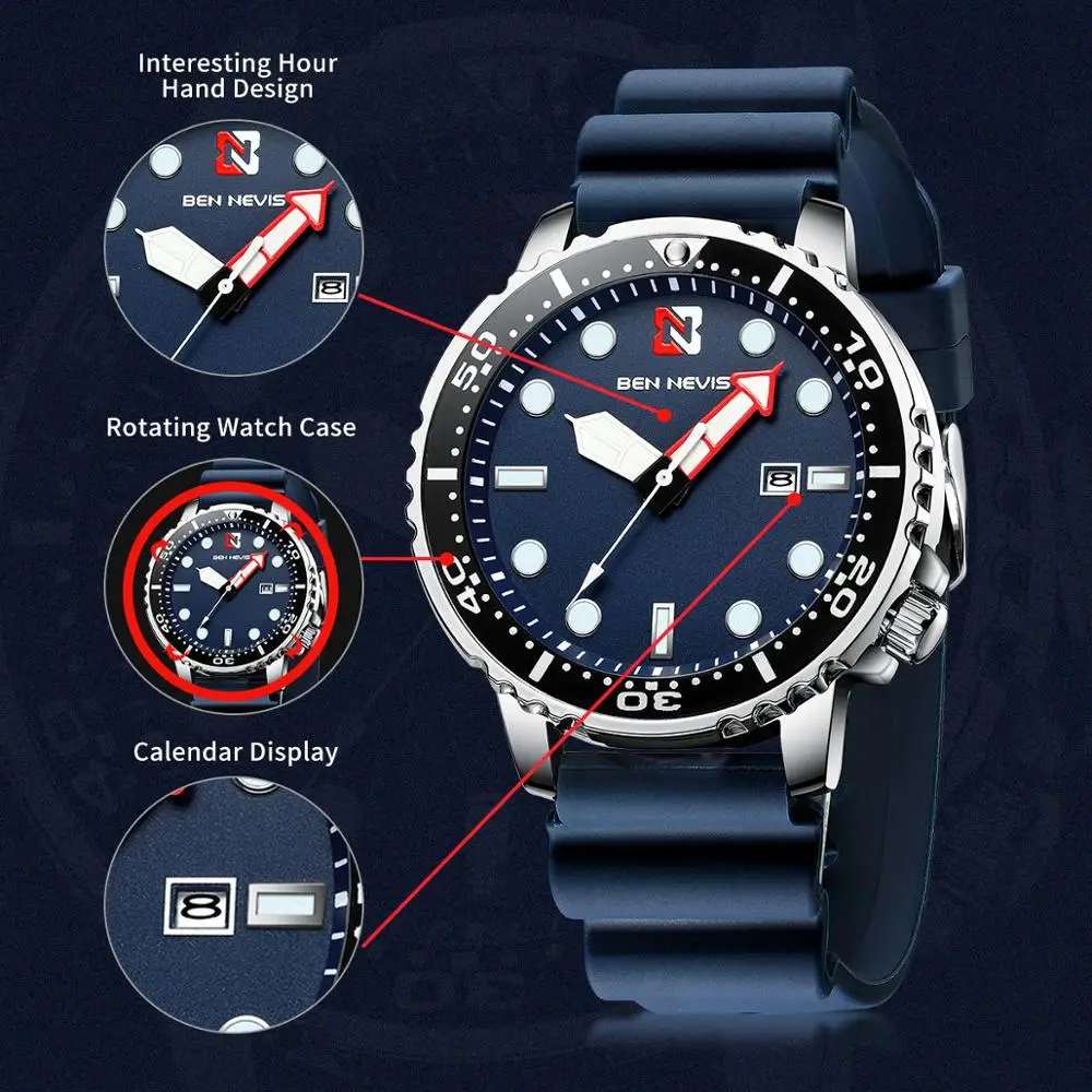 Ben Nevis Men\'s Watches Fashion Analog Quartz Watch With Date Military Watch Waterproof Silicone Rubber Strap Wristwatch For Man