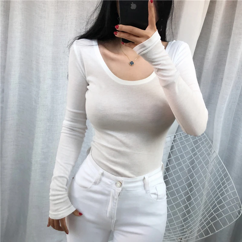 Summer Women Cotton T Shirt Long Sleeve Black White Casual Tee Shirt Femme Female Slim Sexy See Through Tops Fashion Clothes