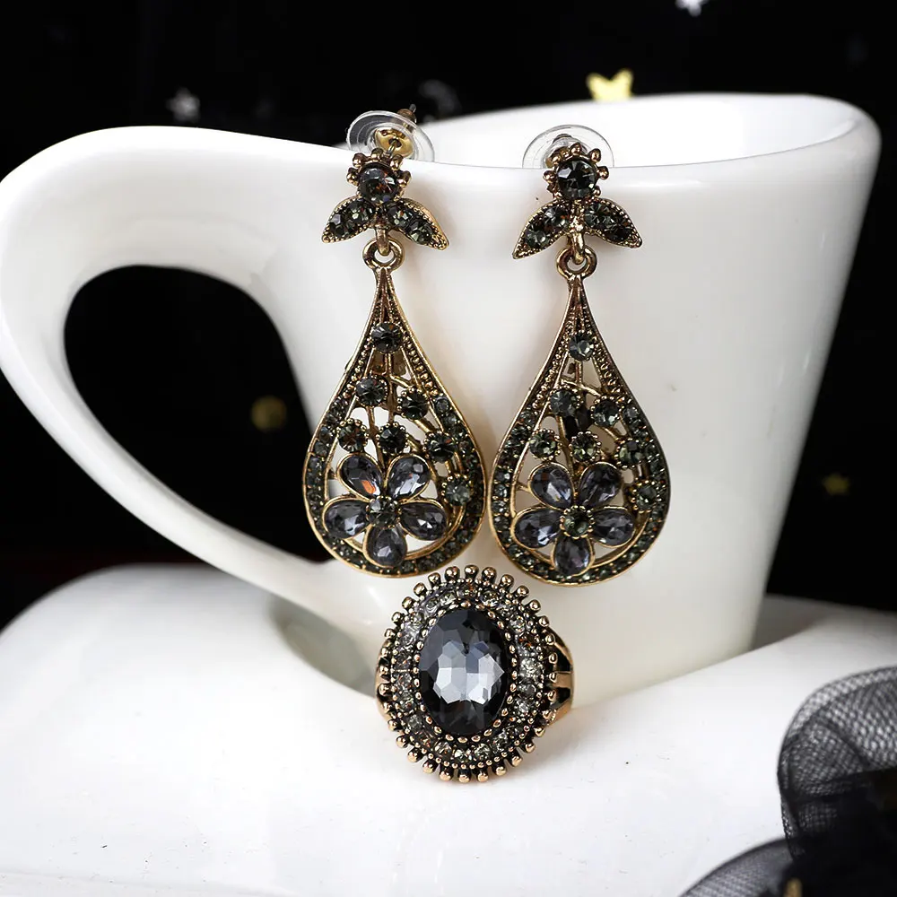 Sunspicems New Vintage Grey Crystal Bohemian Jewelry Set Drop Earring Round Ring for Women Antique Gold Color Flower Bijoux Gift