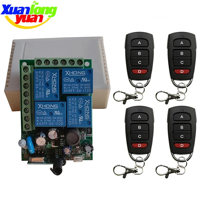 

433MHz Universal Wireless Remote Control AC 110V 220V 10Amp 2200W 4CH Relay Receiver Module RF Switch for Gate Garage opener