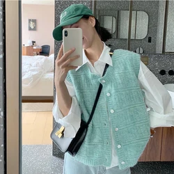 Mint Green Women Sweater Sleeveless Korean Fashion Cardigan Designer Knitted Garment Loose Casual Solid Sweater 2021 Autumn New