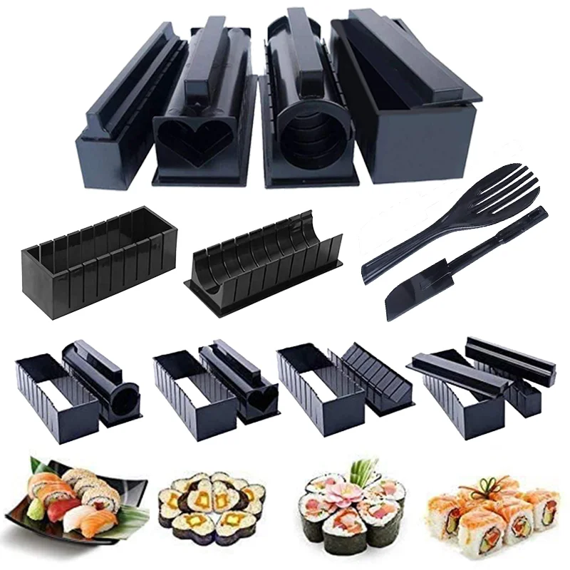 Kit de equipo para hacer Sushi, bola de arroz japonesa, molde para rollo de pastel, cocina, Sushi, molde multifuncional, herramientas de Sushi, 10 unids/set por juego