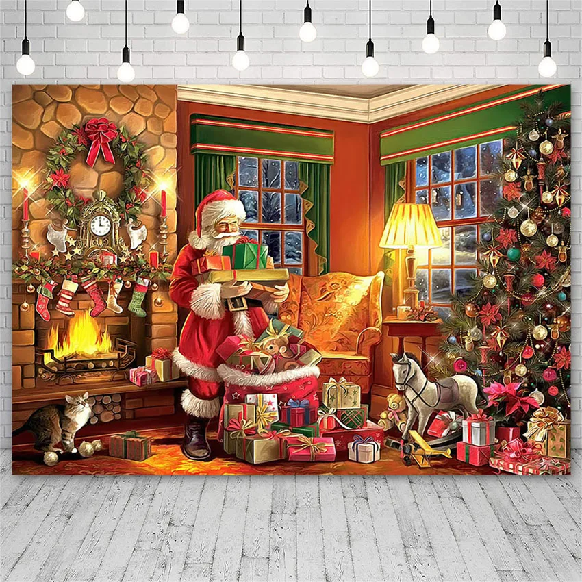 Mehofond Winter Merry Christmas Tree Backdrop Santa Claus Gift Fireplace Photography Background Props Photo Studio Photozone