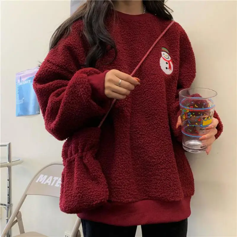 Autumn Winter Polar Fleece Loose Clothes Women Sweatshirt Harajuku Embroidered Christmas Tree Cute Snowman Happy Pullover Female