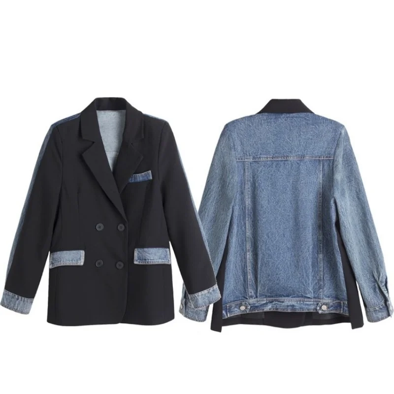 Denim Designer Blazers Splice Double Breasted Suit Jacket Women Autumn Casual Blazer Streetwear Tops Outerwear Female Suits Coat