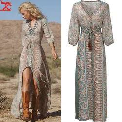 Dresses Women Spring Boho Chiffon V-Neck Split High Waist Shrink Party Evening Beach Long Maxi Floor Length Sundress Vesti