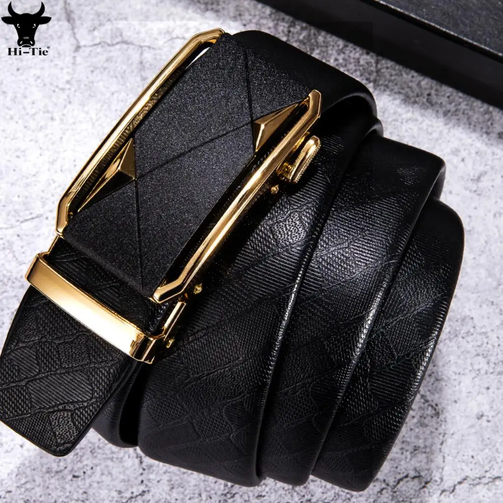 

Luxury Black Genuine Leather Mens Belts Gold Automatic Buckles Ratchet Waistband Strap for Men Jeans Dress Business Wedding Gift