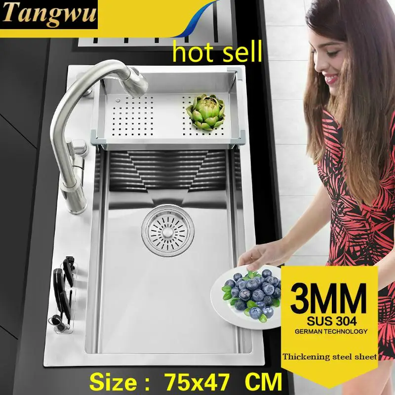 Tangwu kitchen 304 stainless steel hand sink single trough big wash dishes under the table thickening package  75x47 cm