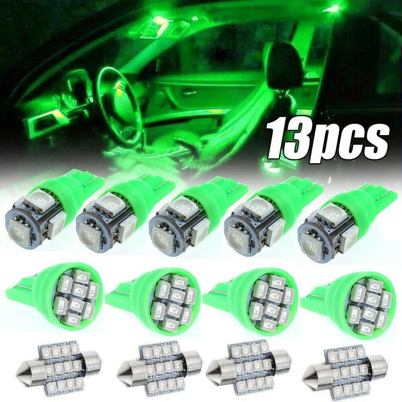 

13pcs Green LED Car Light Assembly Interior Inside Dome Trunk Map License Plate Lamp Bulbs Car Tuning Decoration Accessories