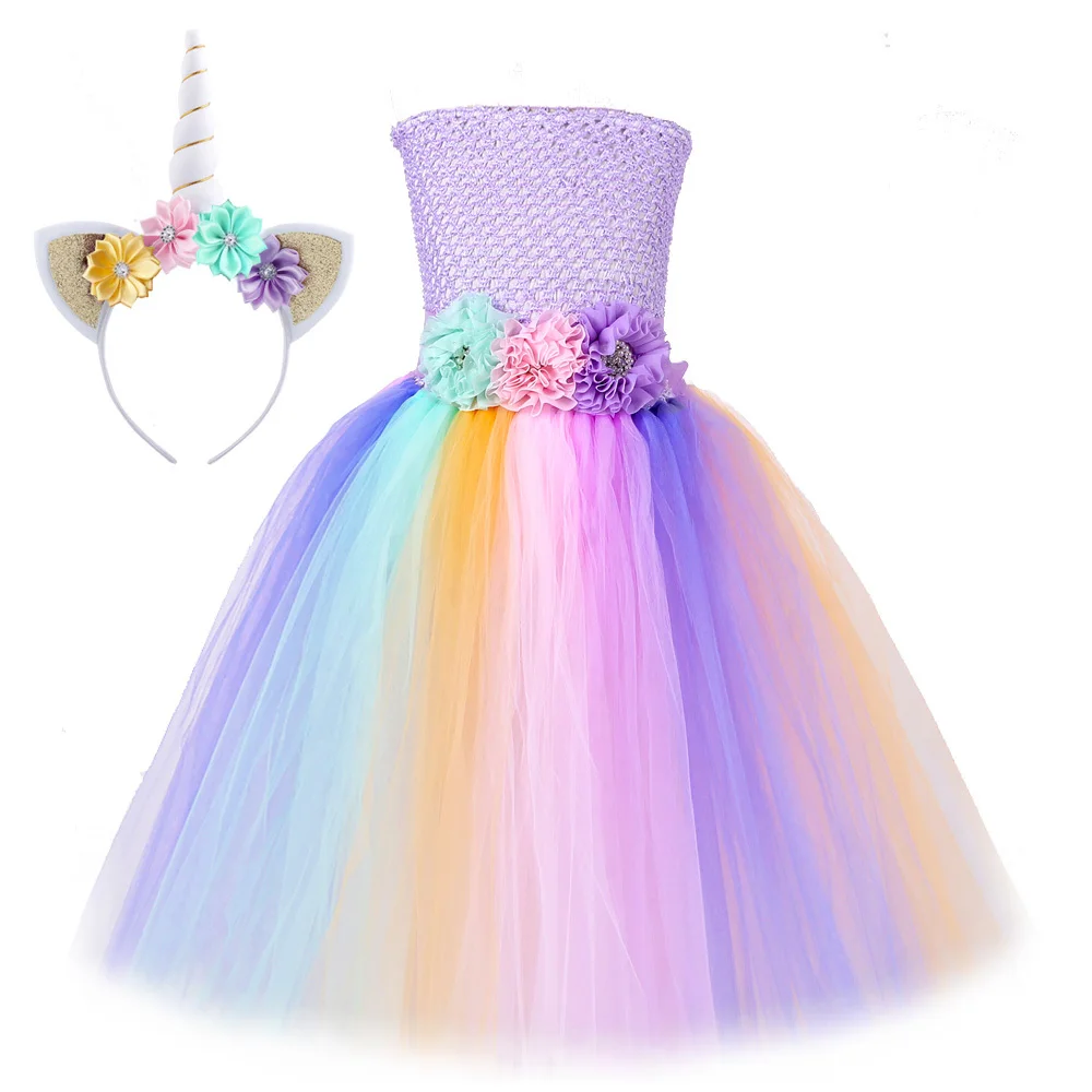 

Flower Girl Unicorn Dress Long for Birthday Party Kids Halloween Costumes Girls Princess Fairy Tutu Dresses Full Length Outfit