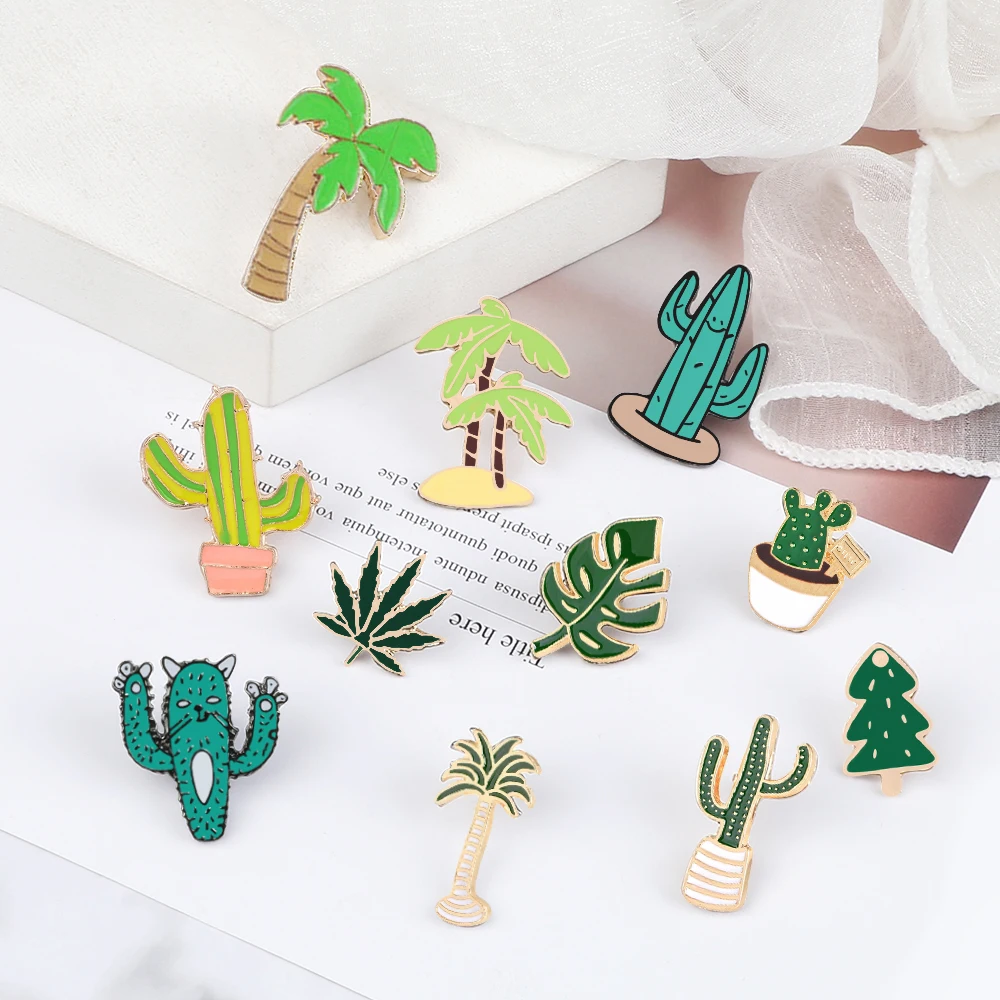 Simple Cartoon Green Plants Brooches Pins Coconut Trees Mexican Cactus Maple Leaf Christmas Tree Metal DIY Button Badges Jewelry