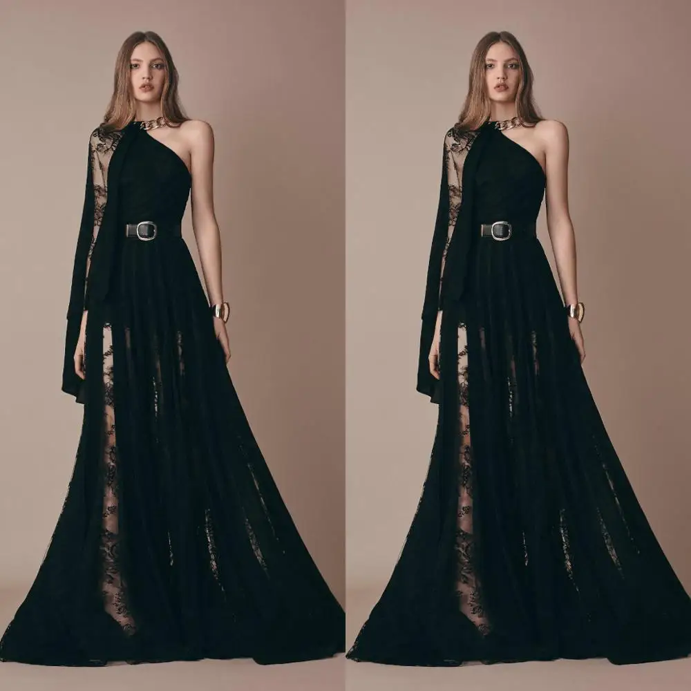 

2020 Sexy Split Black Evening Dresses A Line One Shoulder Lace Prom Dress Custom Made Formal Occasion Robes De Mariée