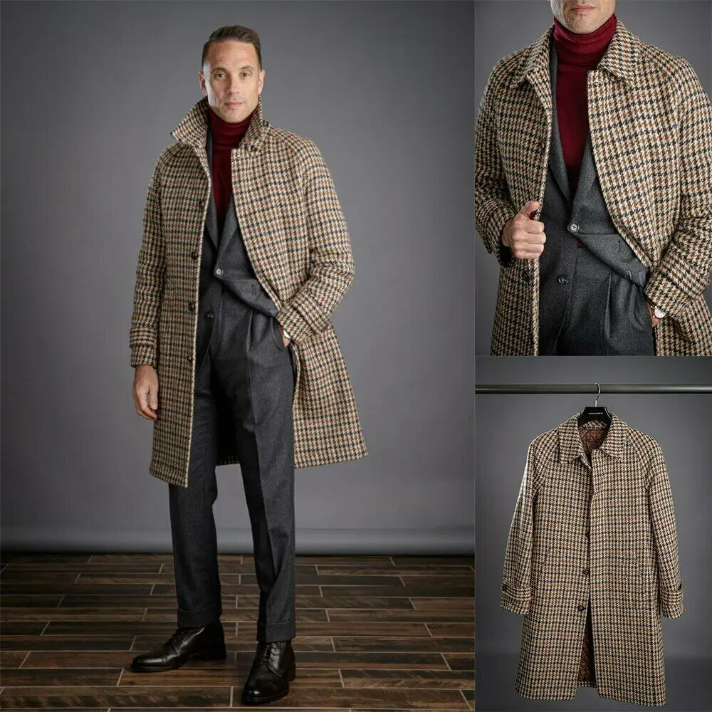 

Long Woolen Men Coat Literature Art Retro Plaid Single-breasted Lapel Thick Autumn Winter Warm Tailored Warm