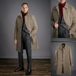 Long Woolen Men Coat Literature Art Retro Plaid Single-breasted Lapel Thick Autumn Winter Warm Tailored Warm