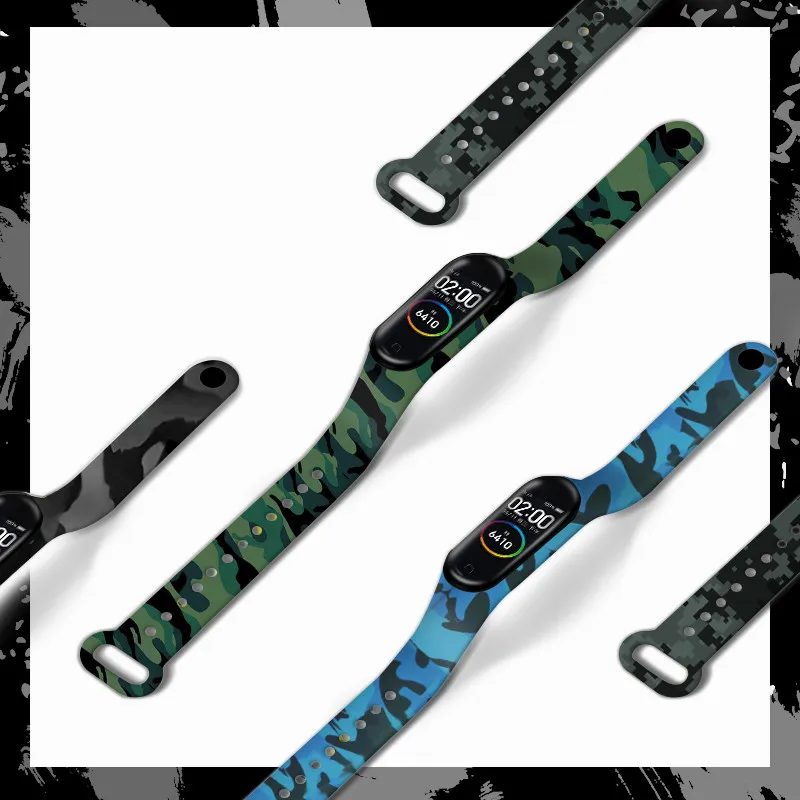 CamouflageซิลิโคนสําหรับXiaomi Mi Band 6 5 4 3 NFCกีฬาสมาร์ทสร้อยข้อมือสีฟ้าสีเขียวเปลี่ยนสายนาฬิกาสําหรับMiband 4 5 6